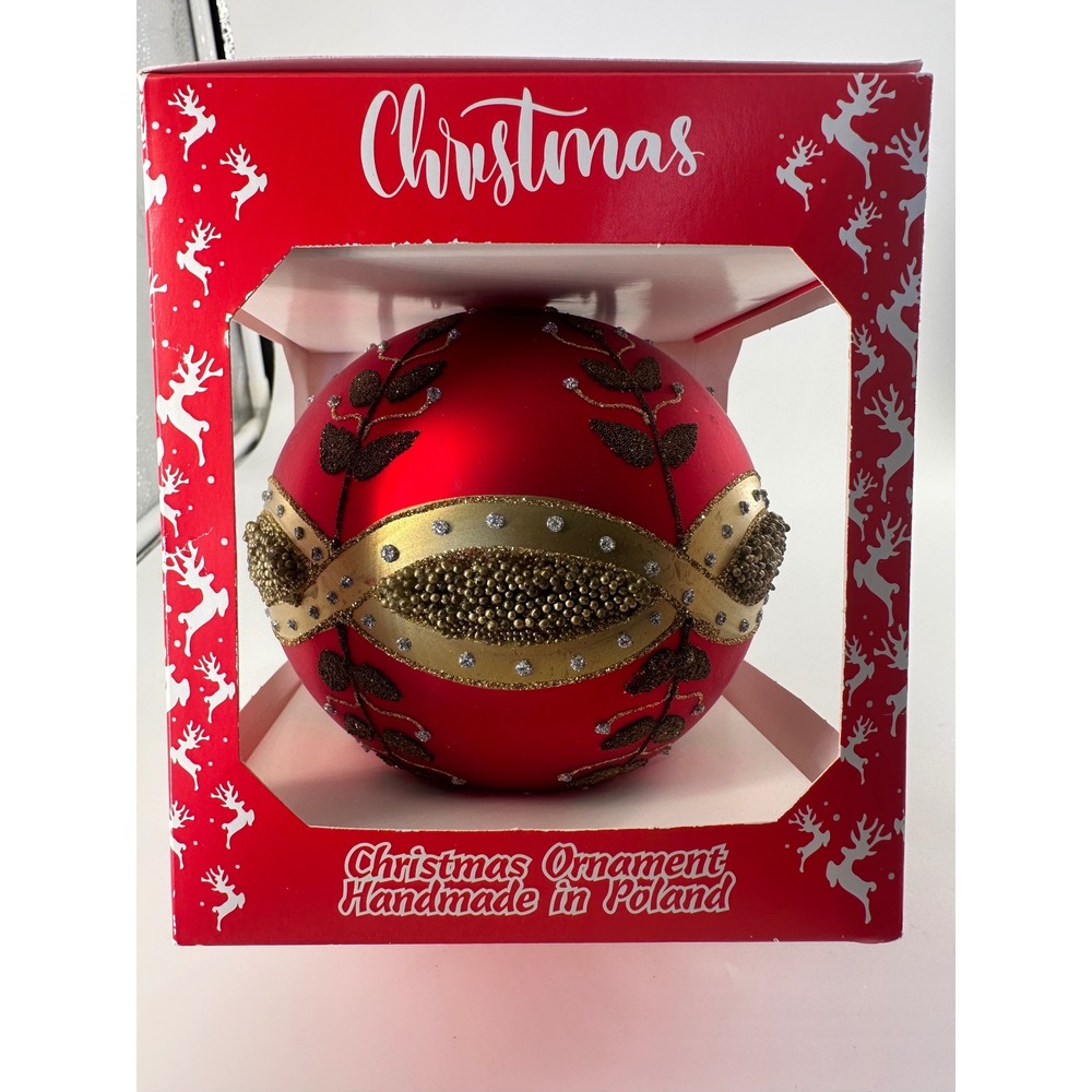 Szklo-Dekor Polish Glass Christmas Ornament Red Gold Beaded Handmade Poland 4in